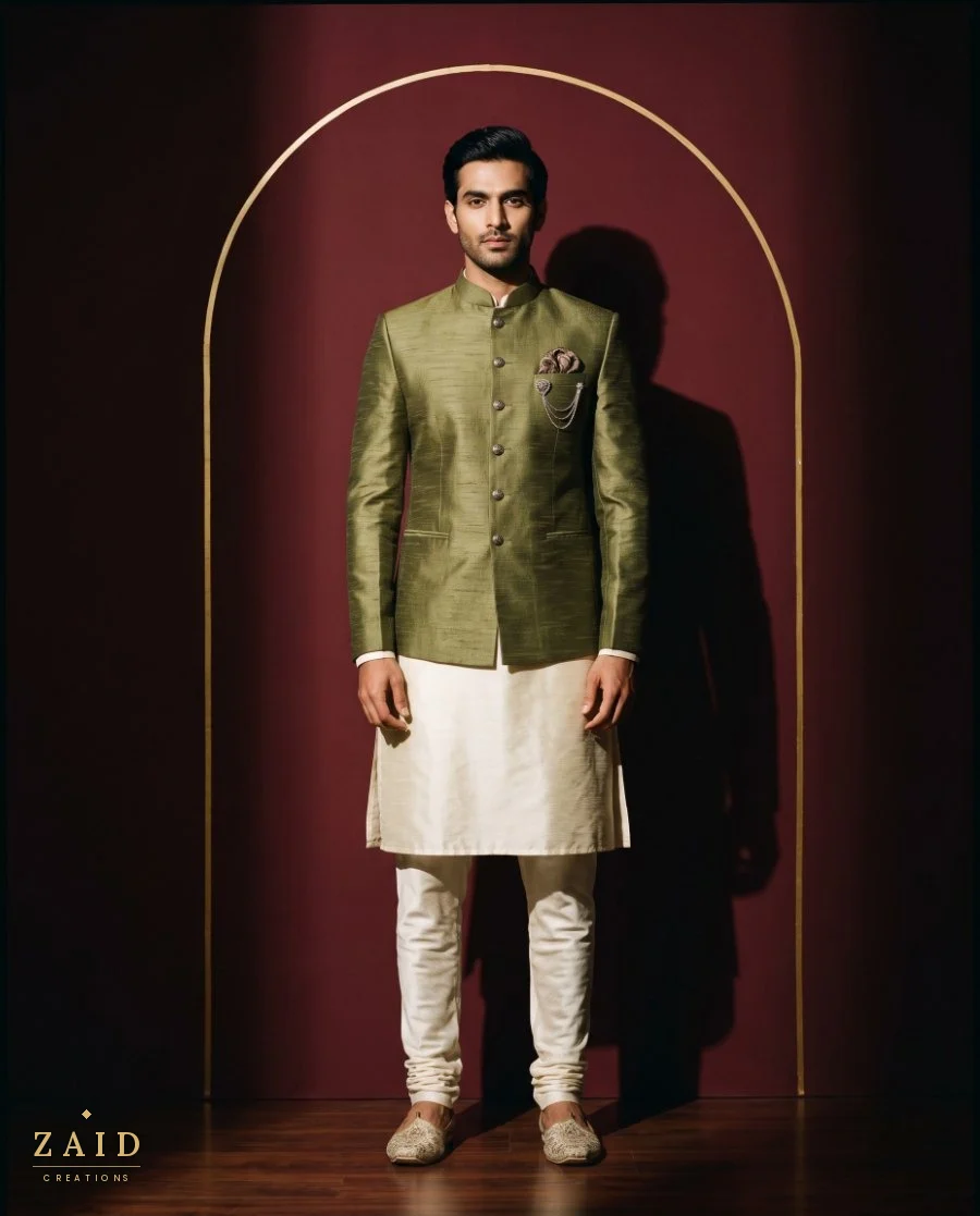 Olive raw-silk bandhgala at Zaid Creations, Chanda Nagar