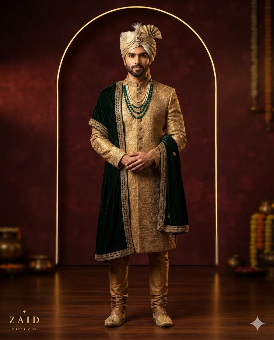 Gold brocade Baraat sherwani at Zaid Creations, Chanda Nagar