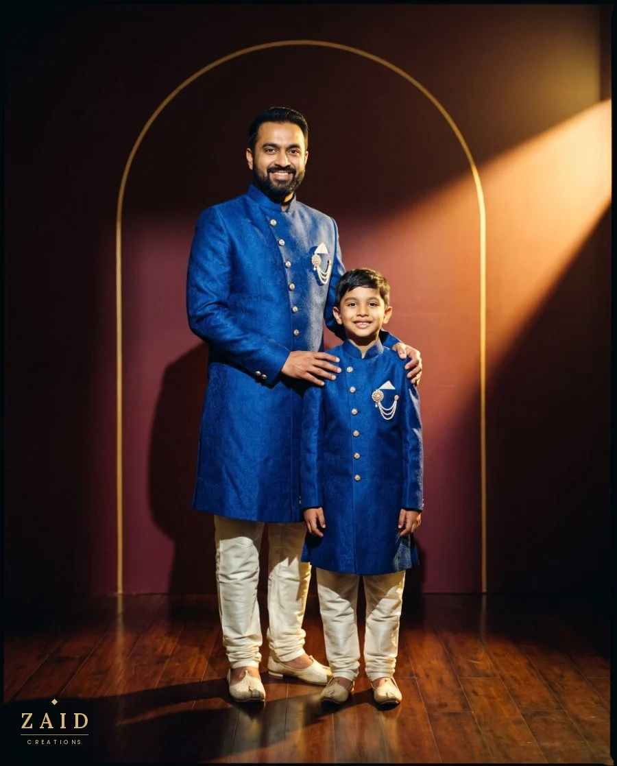 Royal blue father & son sherwanis at Zaid Creations, Chanda Nagar