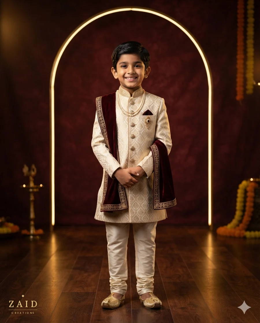Kids ivory & gold sherwani at Zaid Creations, Chanda Nagar