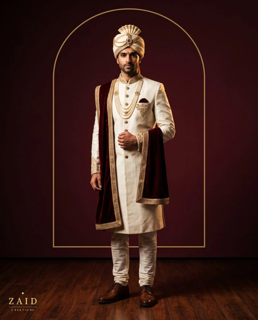 Ivory zardozi groom sherwani, Zaid Creations Chanda Nagar